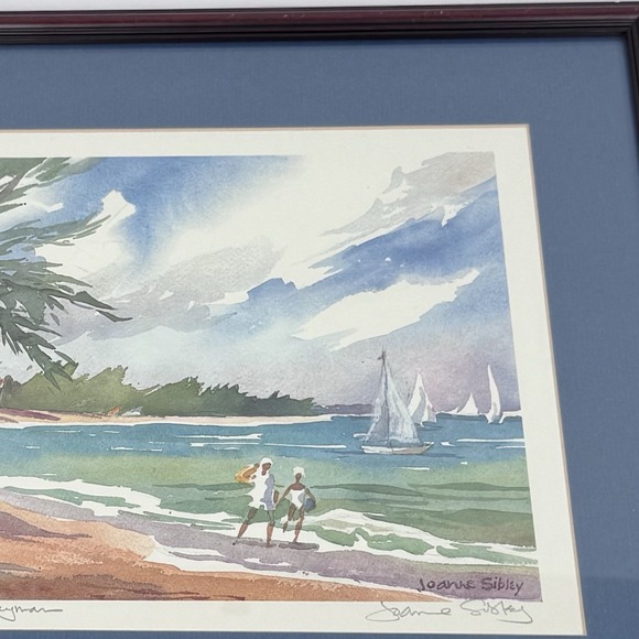JOANNE SIBLEY Seven Mile Beach Grand Cayman Signed Artwork Wood Frame Matted - Picture 3 of 11